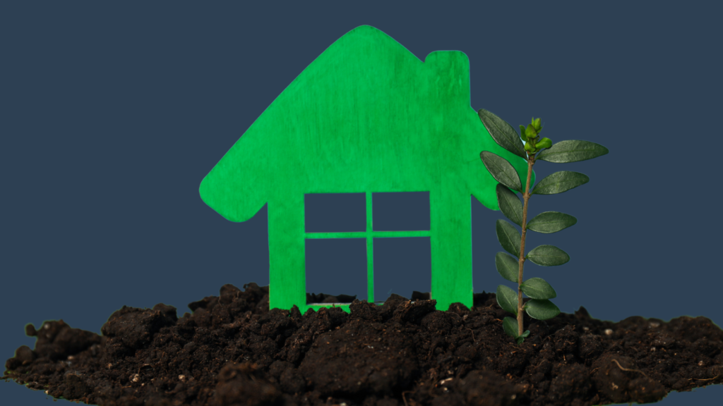 groen huisje met plantje aarde en blauwe achtergrond